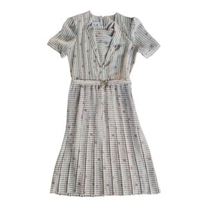 Vintage VTG 60s 70s 80s Eileen Striped Floral Dress V Neck Belted Pleated 7